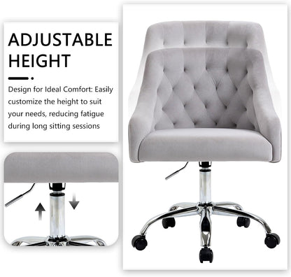 Ivory Velvet Office Chair Tufted Adjustable Swivel Vanity Chair with Wheels