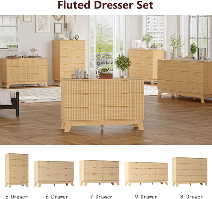 White Fluted Nightstand with 3 Drawers Modern Wide Bedside Table