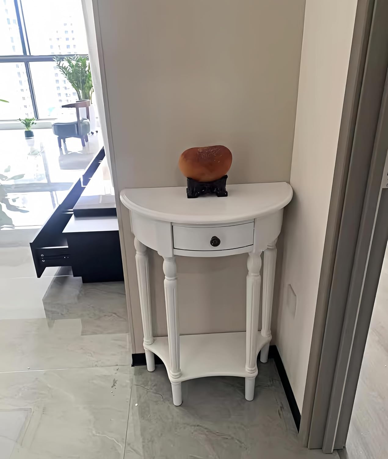 Solid Wood Half Moon Console Table with Drawer Cherry Wood Entryway Table
