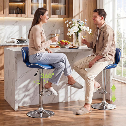 Blue Adjustable Bar Stools Set of 2 Modern Swivel Faux Leather Counter Chairs