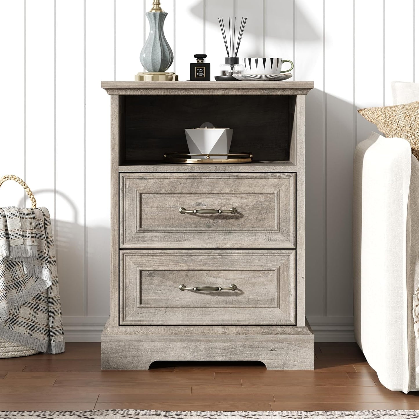 Farmhouse Nightstand with Charging Station 2 Drawers Off White Bedside Table