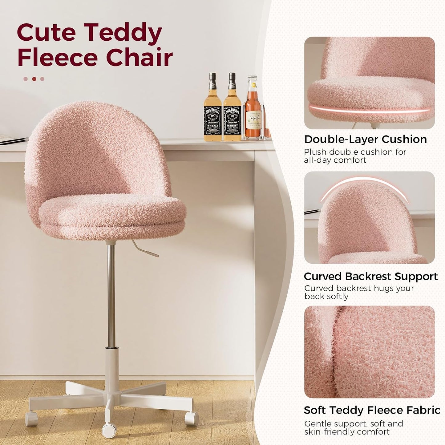 Pink Velvet Vanity Chair Adjustable Swivel Rolling Desk Chair with Lumbar Pillow