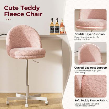 Pink Velvet Vanity Chair Adjustable Swivel Rolling Desk Chair with Lumbar Pillow