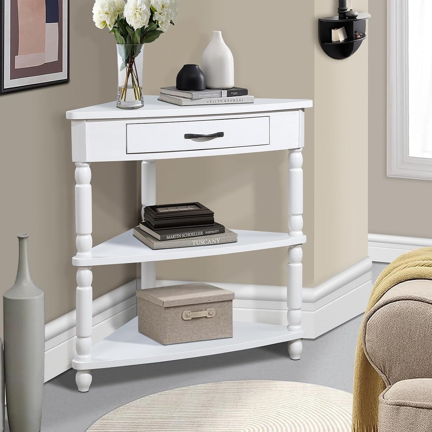 Wood Triangle Corner Table with Drawer and 2 Storage Shelves Navy Blue