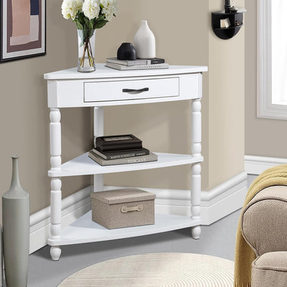 Wood Triangle Corner Table with Drawer and 2 Storage Shelves Navy Blue