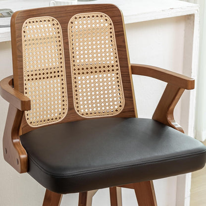 Walnut Rattan Swivel Bar Stools with Arms Beige Upholstered Seat Set of 2