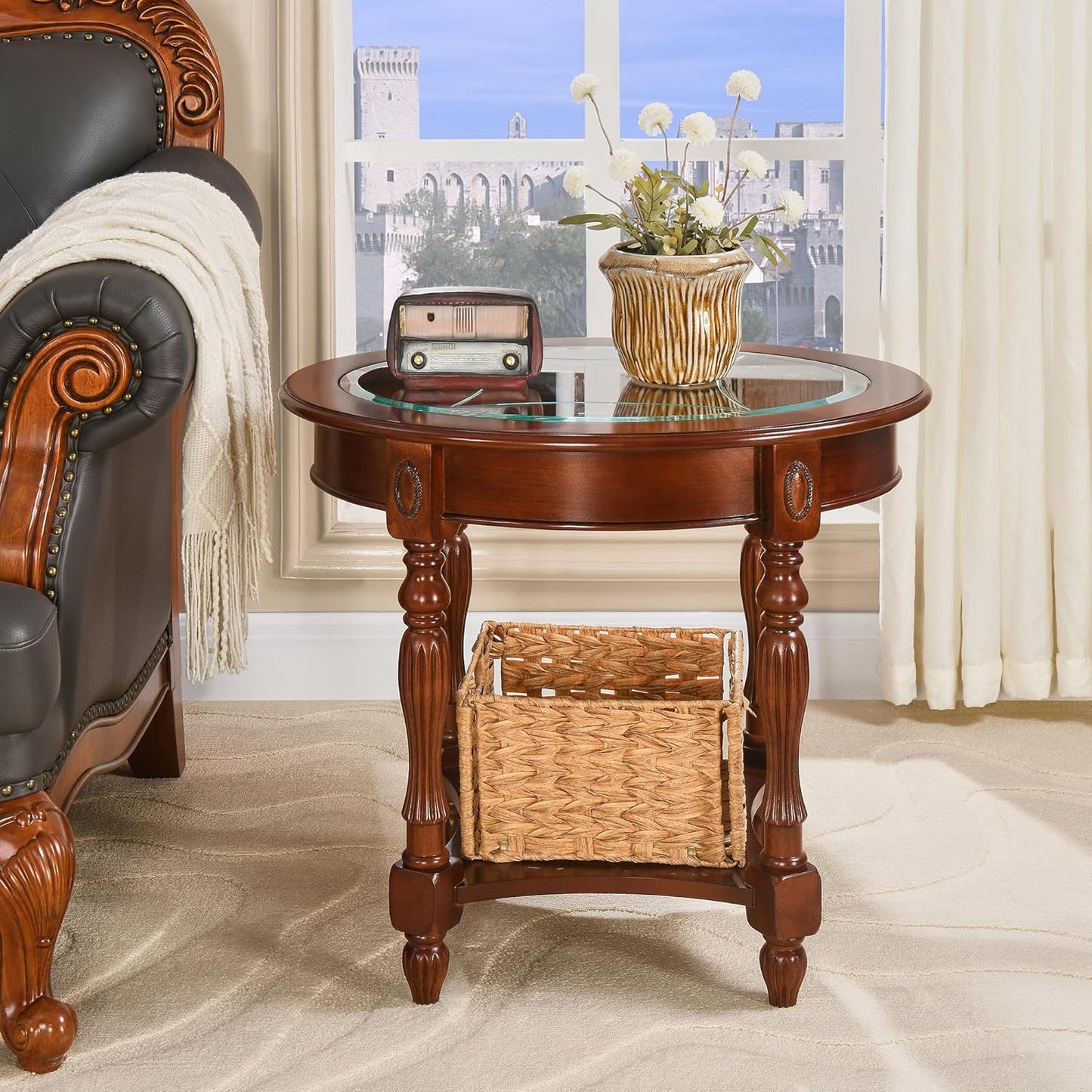 Solid Wood Oval End Table with Drawer and Lower Storage Shelf