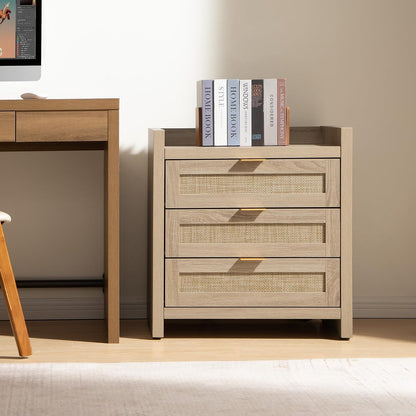 Rattan Nightstand with 3 Drawers Charging Station Farmhouse Bedside Table