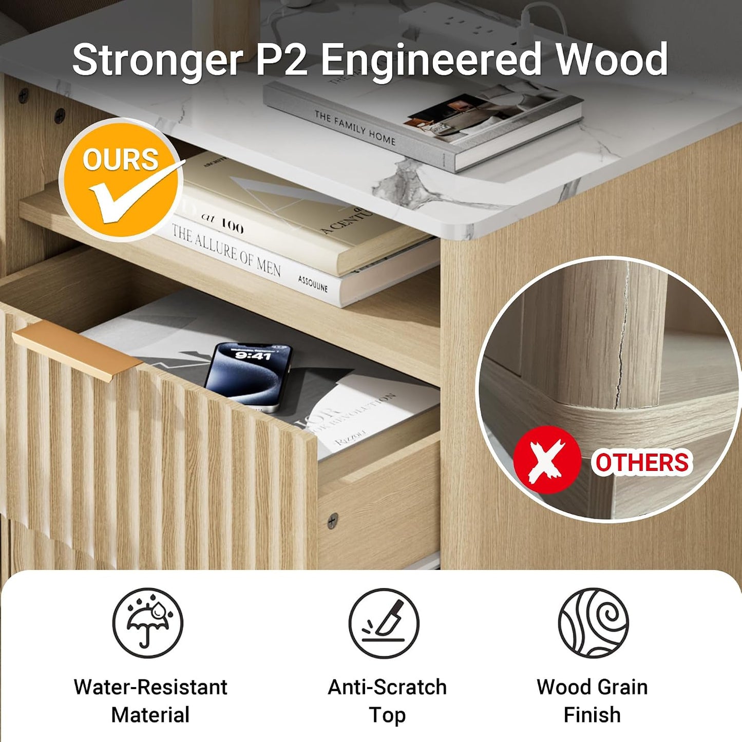 Modern Fluted 2-Drawer Nightstand with Charging Station – Natural Oak
