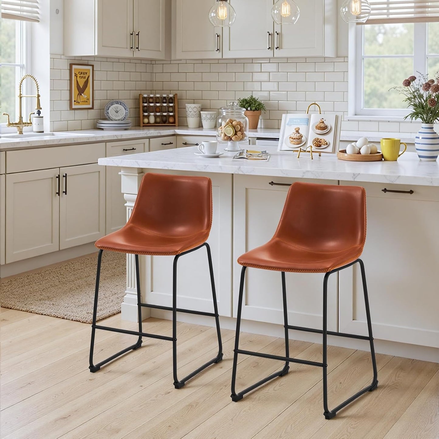 Brown Counter Height Bar Stools Set of 2 Upholstered Kitchen Chairs