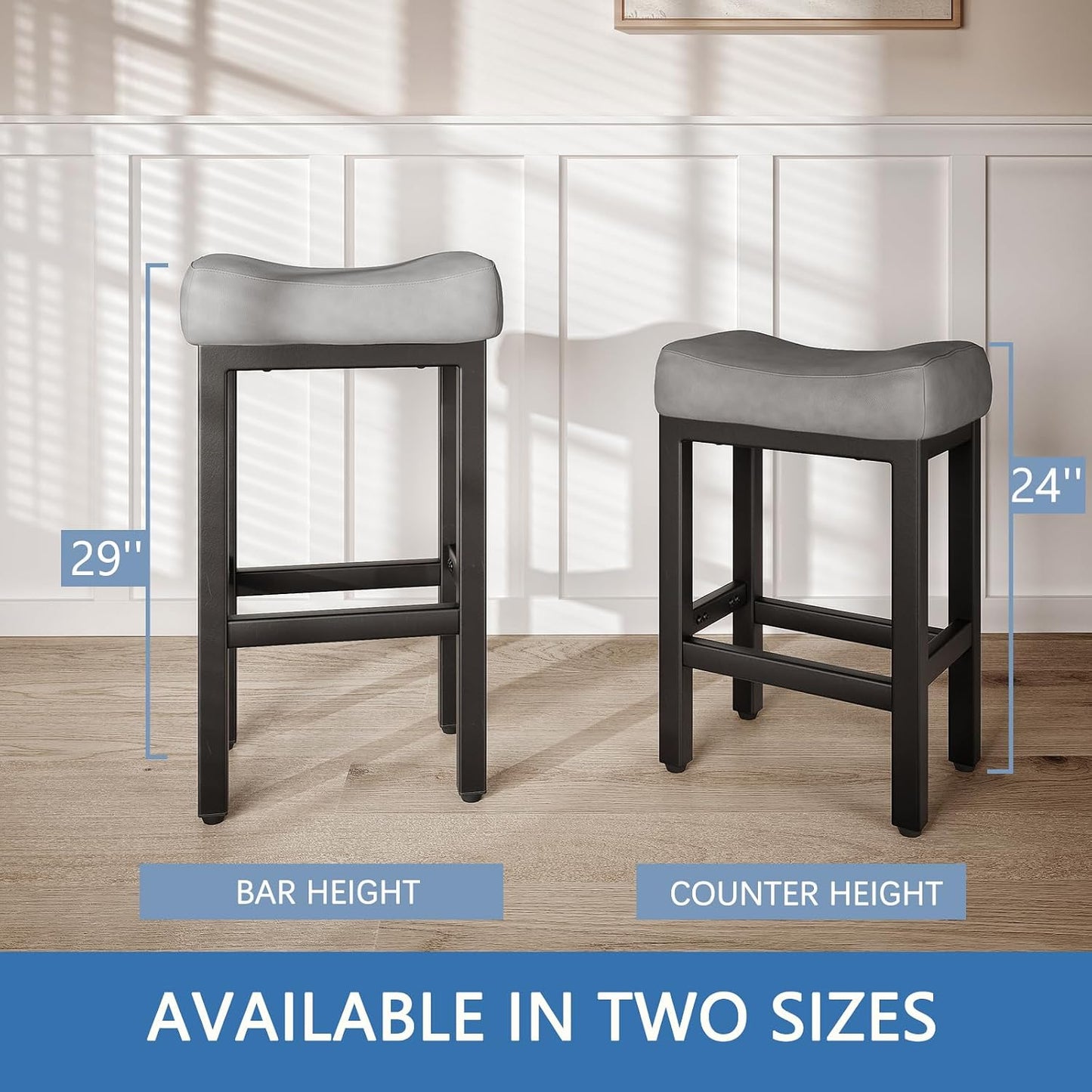Black Bar Height Stools Set of 2 Upholstered Saddle Kitchen Seats