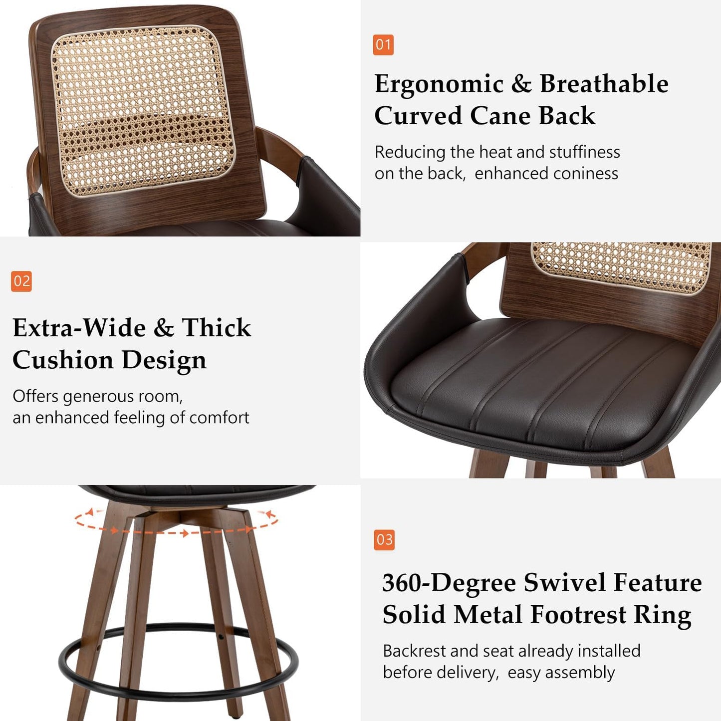 Walnut Cane Swivel Counter Stool with Arms Black Faux Leather Seat