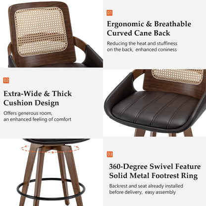 Walnut Cane Swivel Counter Stool with Arms Black Faux Leather Seat