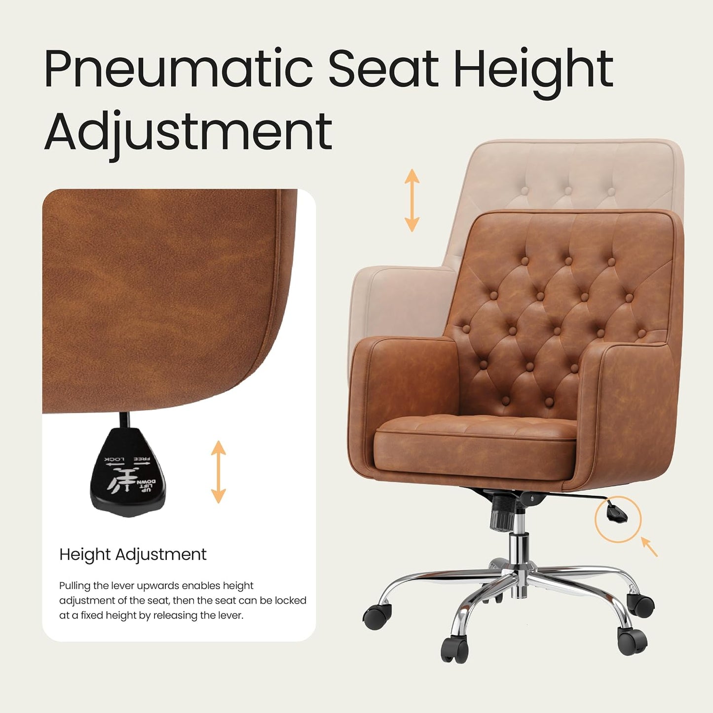 Khaki Leather Office Chair Tufted Adjustable Swivel Desk Chair with Arms