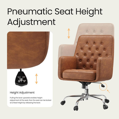 Khaki Leather Office Chair Tufted Adjustable Swivel Desk Chair with Arms