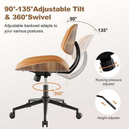 Black PU Leather Office Chair Armless Swivel Desk Chair with Walnut Back and Wheels