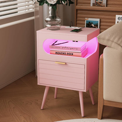 Modern Black Nightstand with Charging Station, LED Light & Storage Drawer