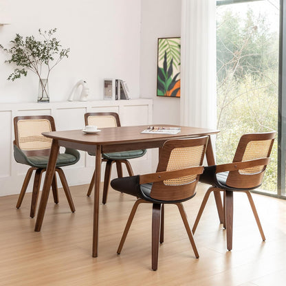 Walnut Cane Swivel Dining Chairs with Arms Black Faux Leather Set of 2