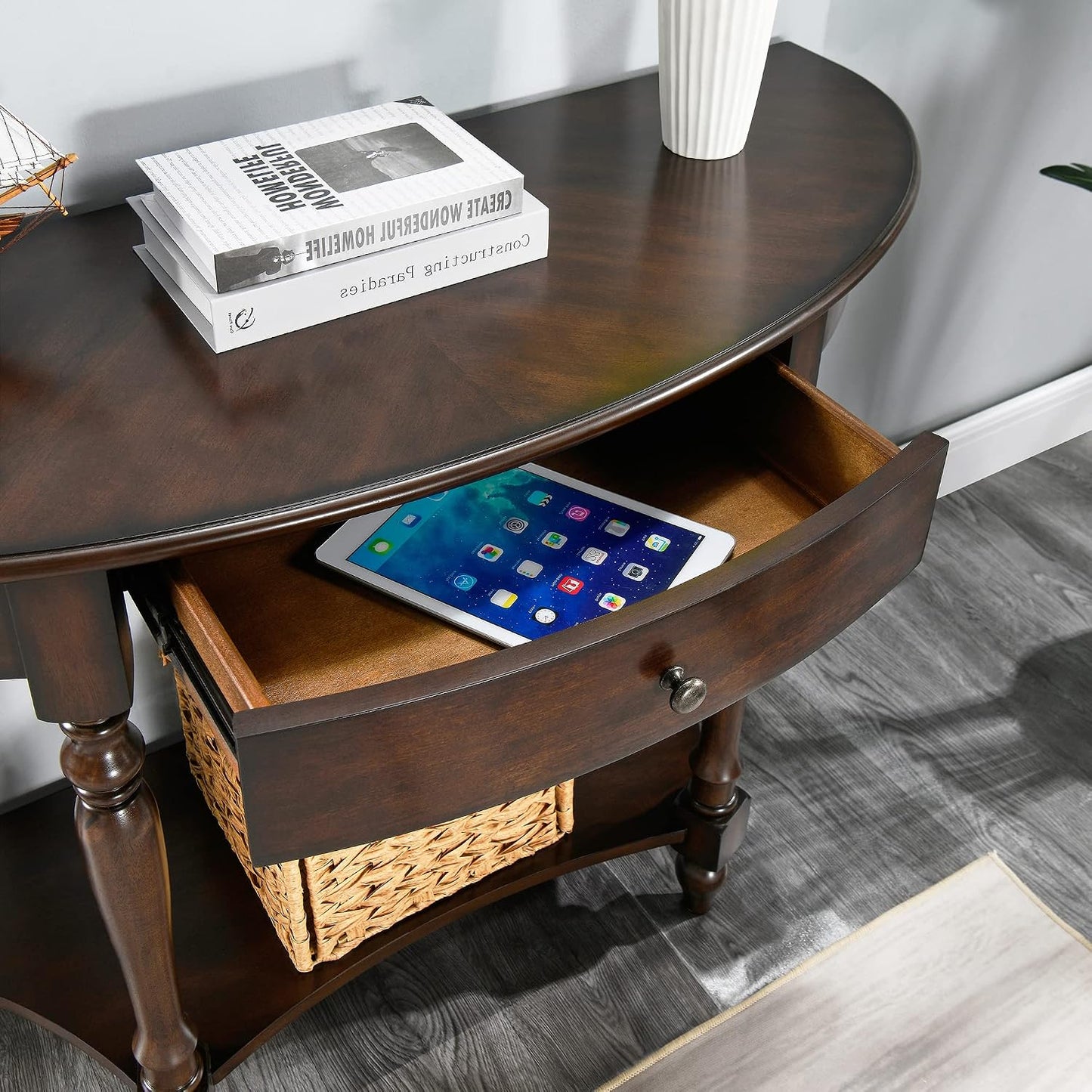Solid Wood Demi Lune Console Table with Drawer and Storage Shelf