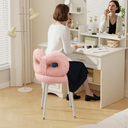 Pink Bow Vanity Chair Swivel Upholstered Makeup Chair with Metal Legs