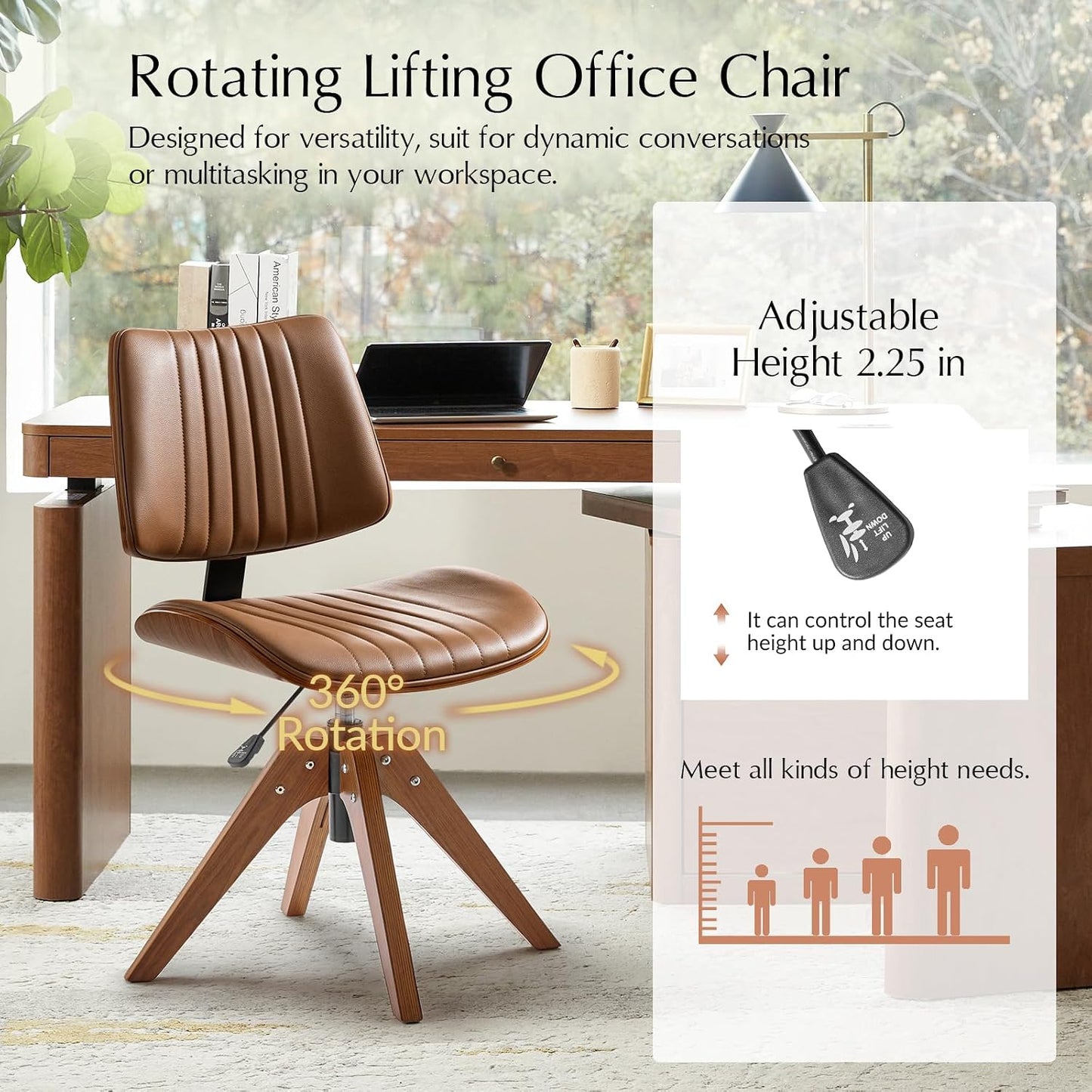 Sage Faux Leather Swivel Desk Chair Adjustable Height Wood Legs Mid Century