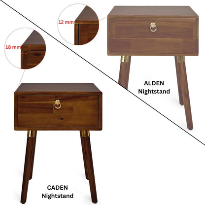 Solid Acacia Wood Nightstand with Drawer – Caramel Mid-Century Side Table