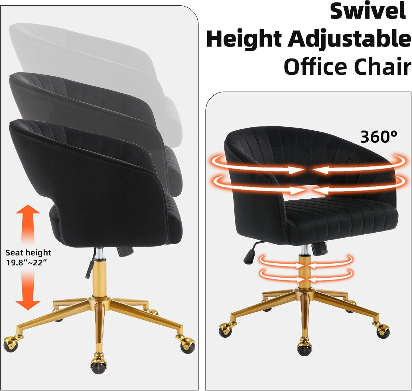Red Velvet Swivel Desk Chair Adjustable Vanity Chair with Gold Base and Wheels
