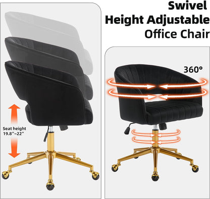 Red Velvet Swivel Desk Chair Adjustable Vanity Chair with Gold Base and Wheels