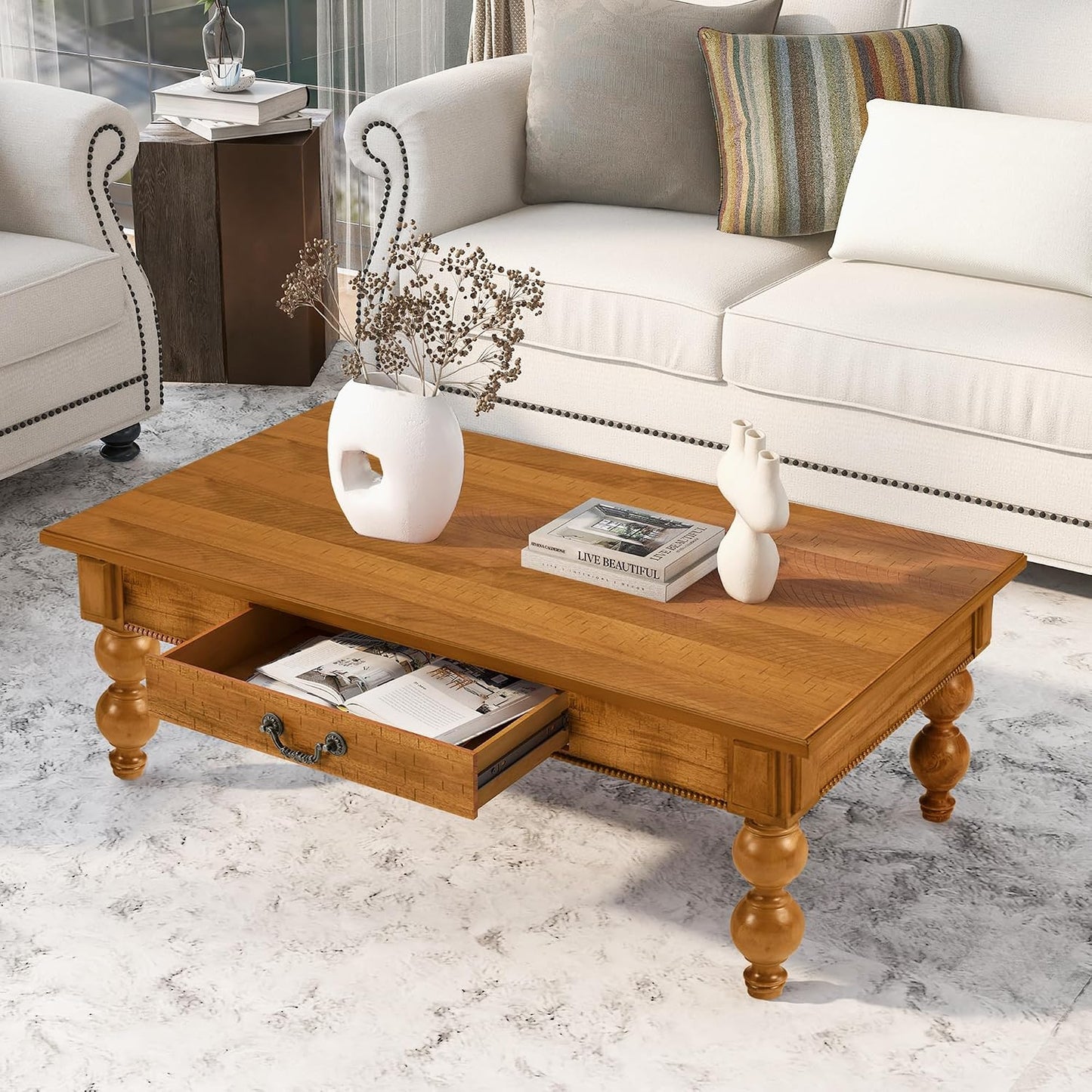 Traditional Walnut Coffee Table with Drawer Rustic Farmhouse Wood Living Room Table
