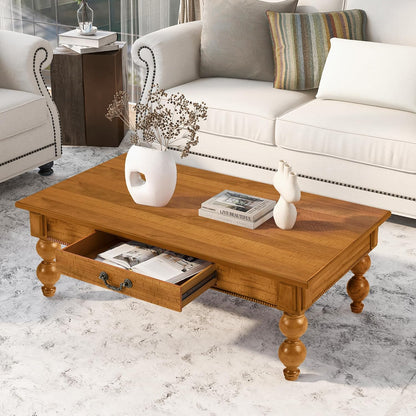 Traditional Walnut Coffee Table with Drawer Rustic Farmhouse Wood Living Room Table