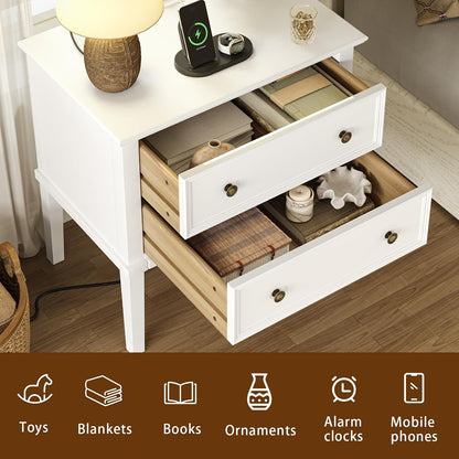 Solid Wood 2-Drawer Nightstand with Charging Station – Teak Farmhouse Bedside Table
