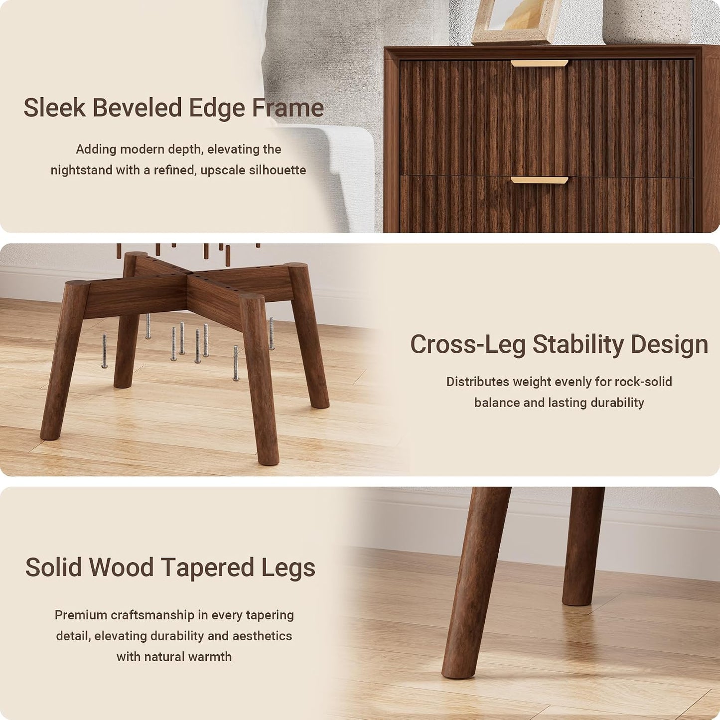 Modern Fluted Nightstand with Charging Station & 2 Drawers
