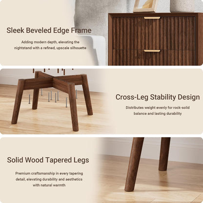 Modern Fluted Nightstand with Charging Station & 2 Drawers