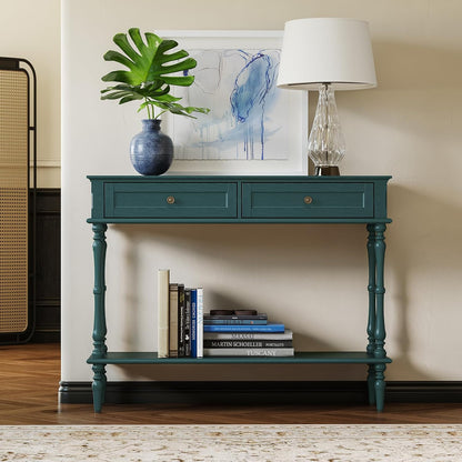 Green Console Table with Drawers Wood Entryway Table with Storage Shelf
