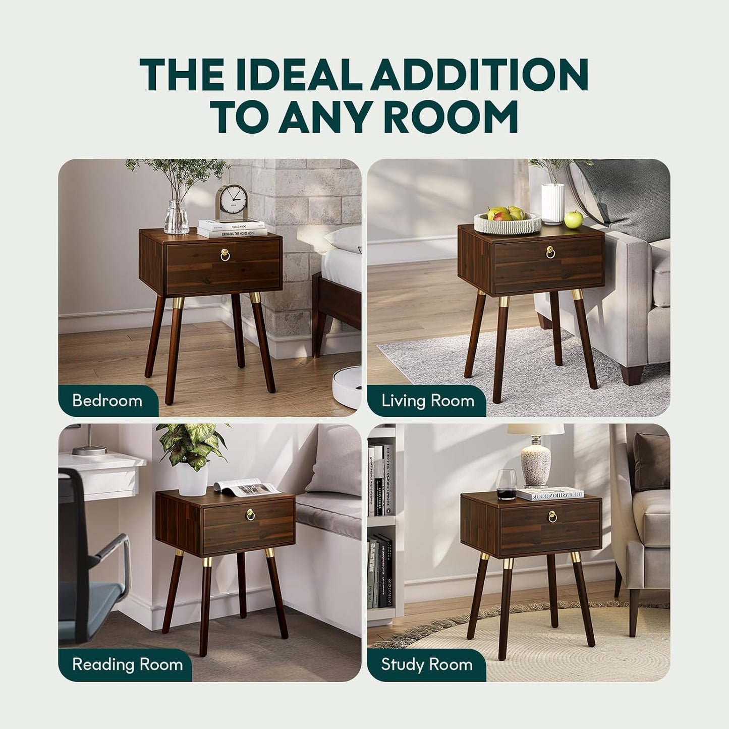 Solid Acacia Wood Nightstand with Drawer – Caramel Mid-Century Side Table