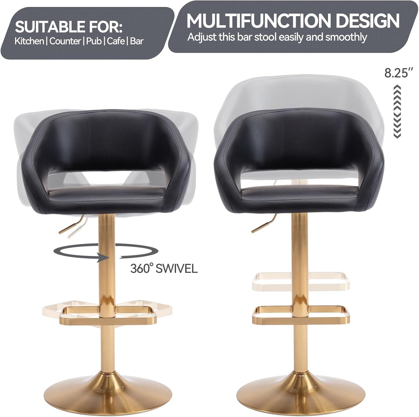 Black Adjustable Swivel Bar Stool Modern Faux Leather Counter Height Chair