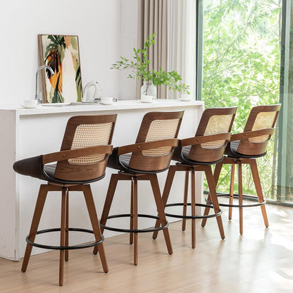 Walnut Cane Swivel Counter Stool with Arms Black Faux Leather Seat