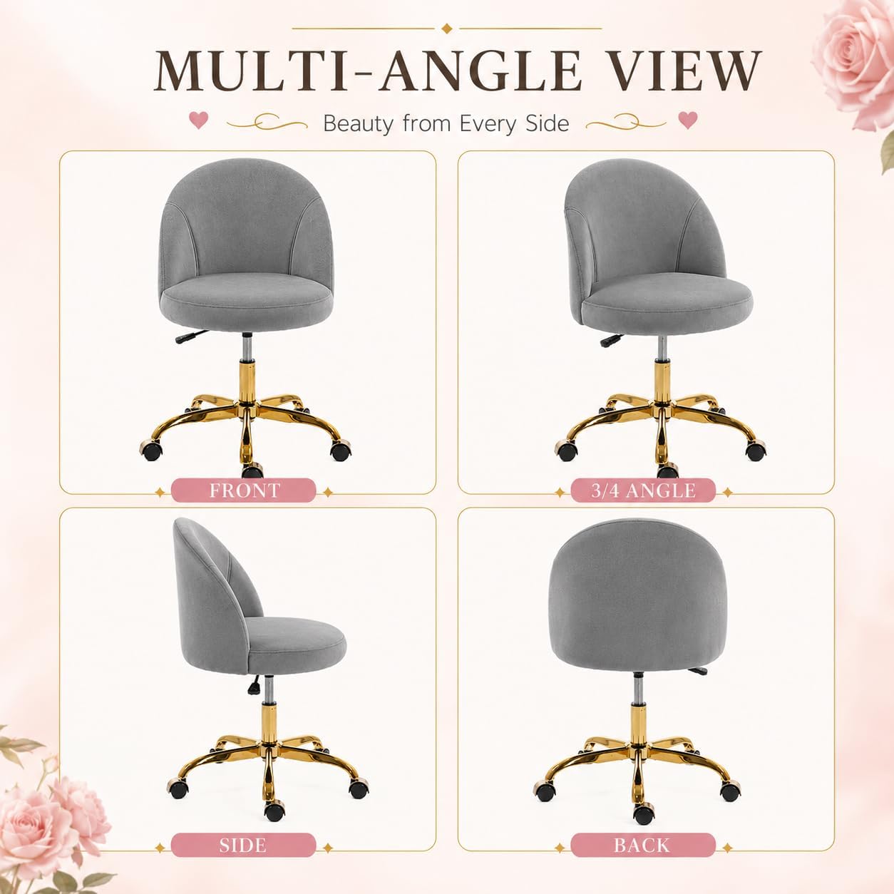 Black Velvet Vanity Chair Gold Base Adjustable Swivel Rolling Desk Chair