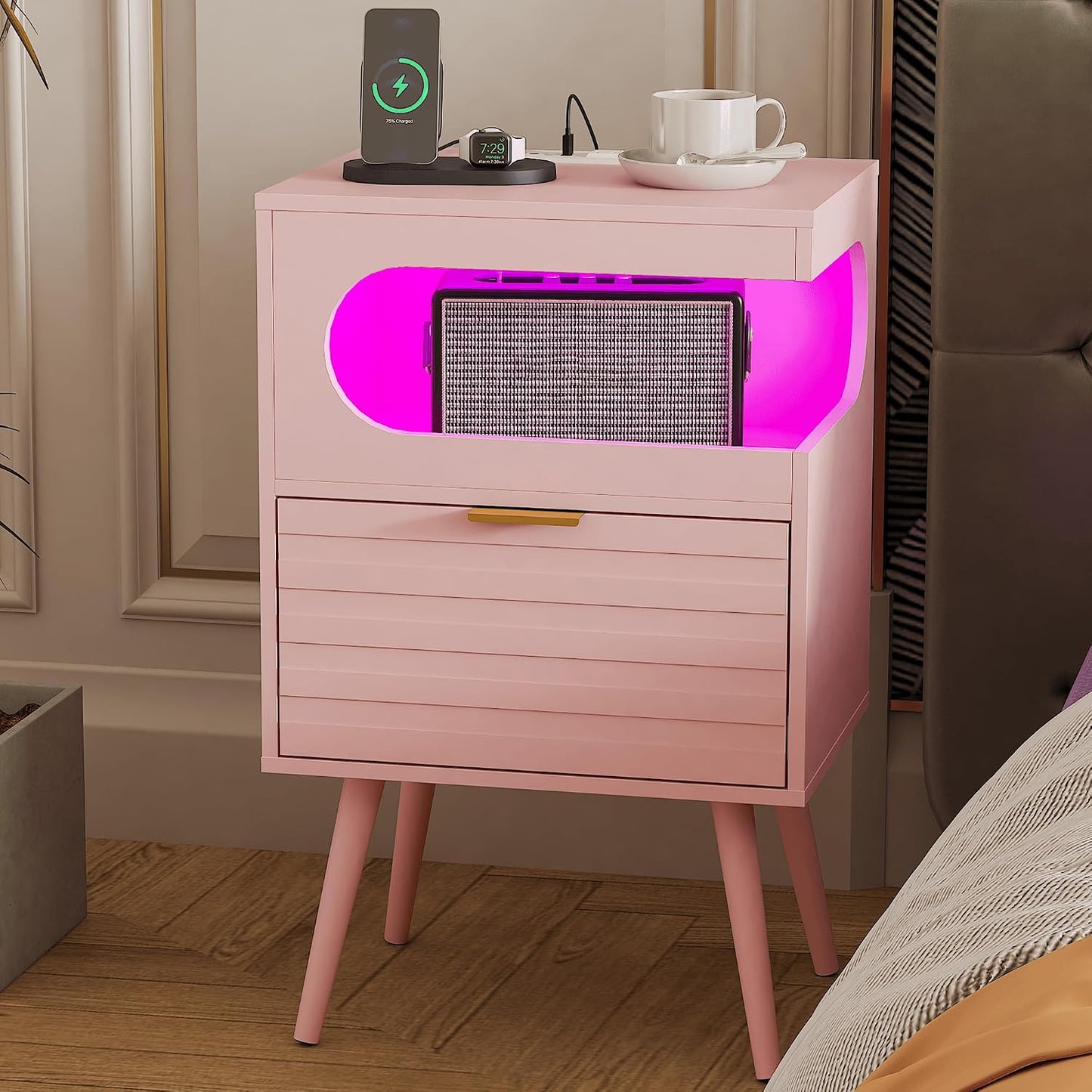 Modern Black Nightstand with Charging Station, LED Light & Storage Drawer