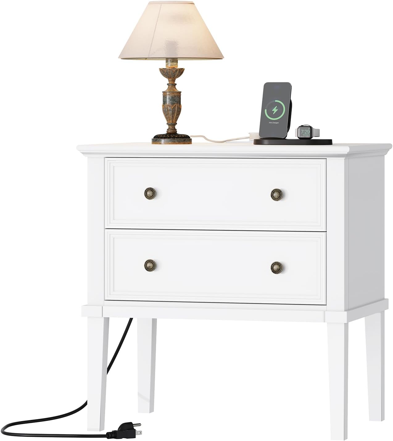 Solid Wood 2-Drawer Nightstand with Charging Station – Teak Farmhouse Bedside Table