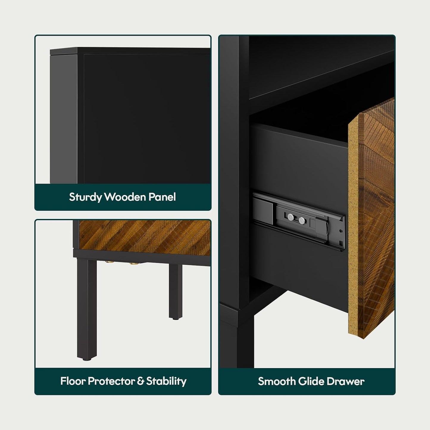 Solid Wood Herringbone Nightstand with Drawer & Open Shelf