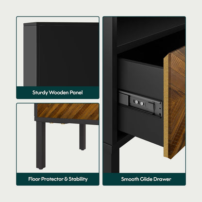 Solid Wood Herringbone Nightstand with Drawer & Open Shelf