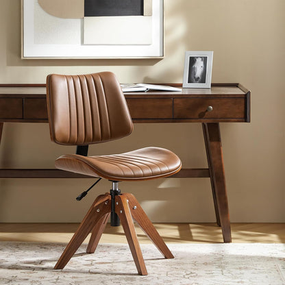 Sage Faux Leather Swivel Desk Chair Adjustable Height Wood Legs Mid Century