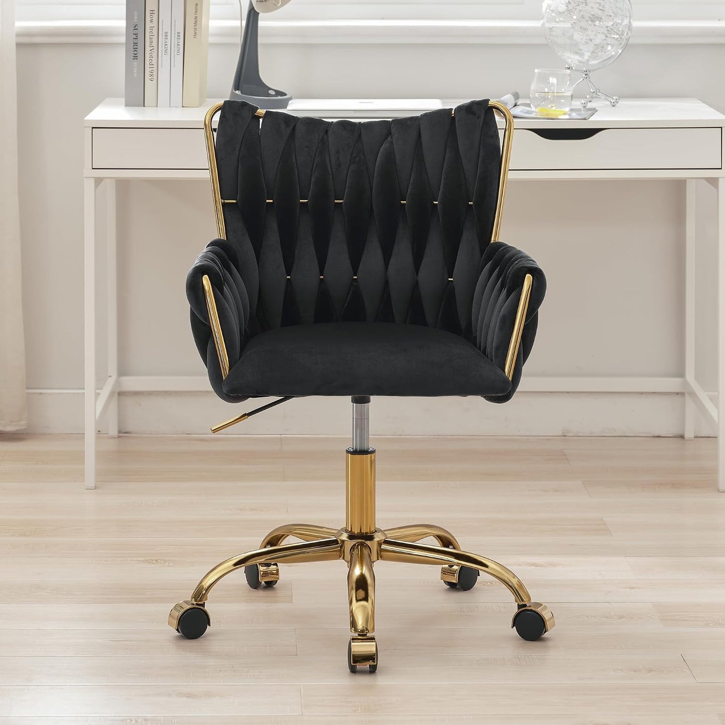 Rose Pink Velvet Vanity Chair Gold Swivel Rolling Office Chair with Wheels