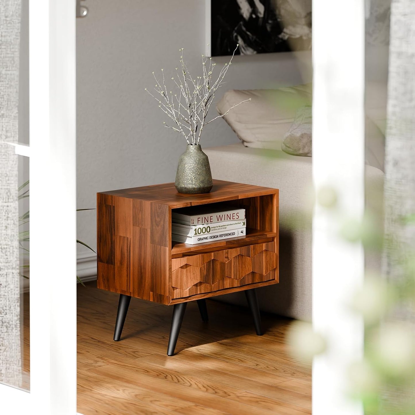 Solid Acacia Wood Geometric Nightstand with Drawer & Open Shelf