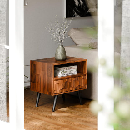 Solid Acacia Wood Geometric Nightstand with Drawer & Open Shelf