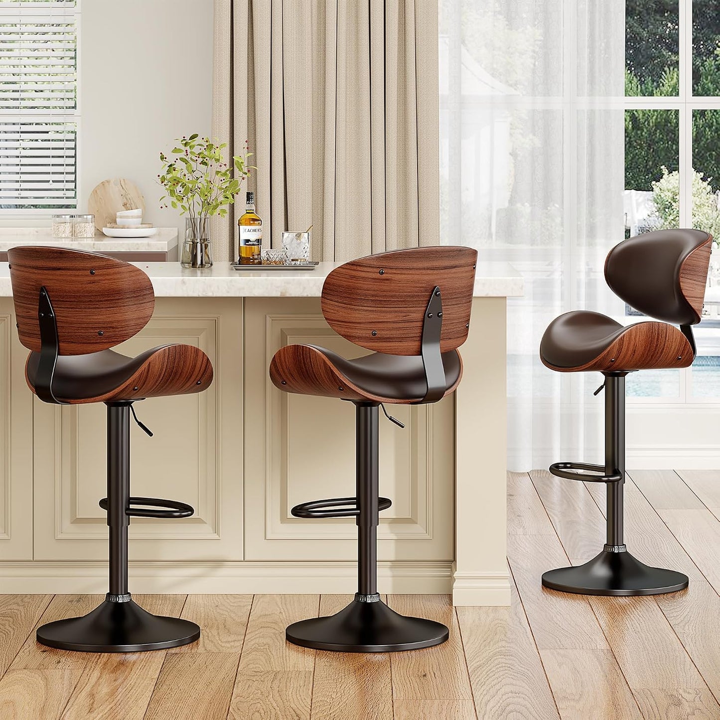 Adjustable Swivel Bar Stool Black PU Leather Walnut Bentwood Counter Chair