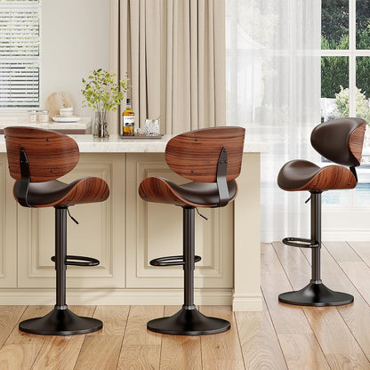 Adjustable Swivel Bar Stool Black PU Leather Walnut Bentwood Counter Chair
