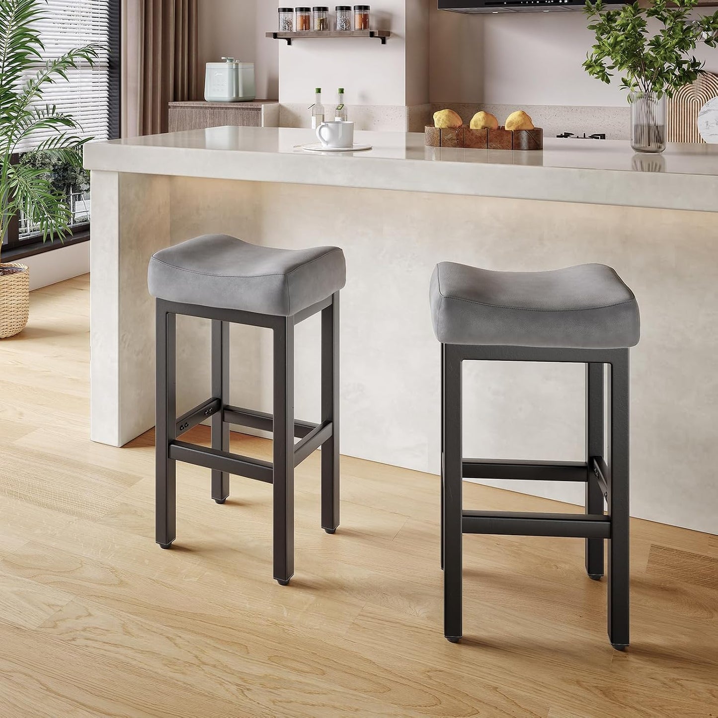 Black Bar Height Stools Set of 2 Upholstered Saddle Kitchen Seats