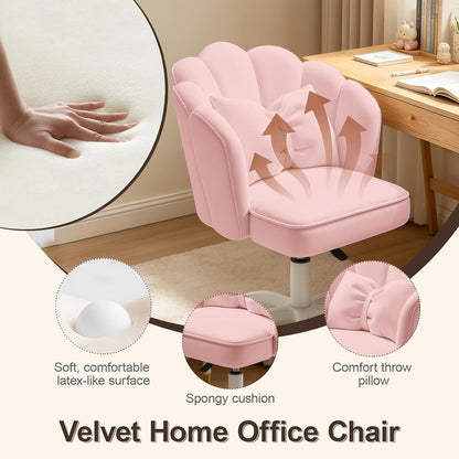 Purple Velvet Petal Vanity Chair Swivel Rolling Desk Chair with Bow Cushion